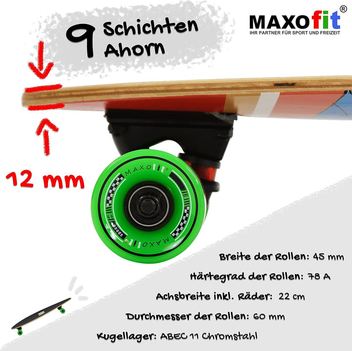 MAXOfit Longboard in verschiedenen Designs mit hochwertigen Ahorn/Bambus Decks für Anfänger und Fort