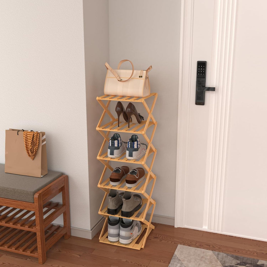 OHMG Faltbares Holzregal, 6 Ebenen, Schuhregal, faltbar, aus Bambus, leicht, mit starker Tragfähigke