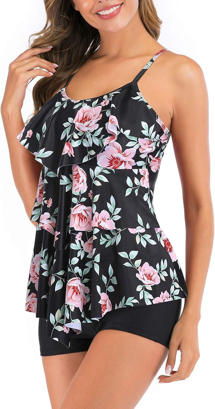 FLYILY Damen Zwei Stücke Tankini Rüschen Volant Geschichtet Bademode mit Boy Legs Shorts Rüschen Gro