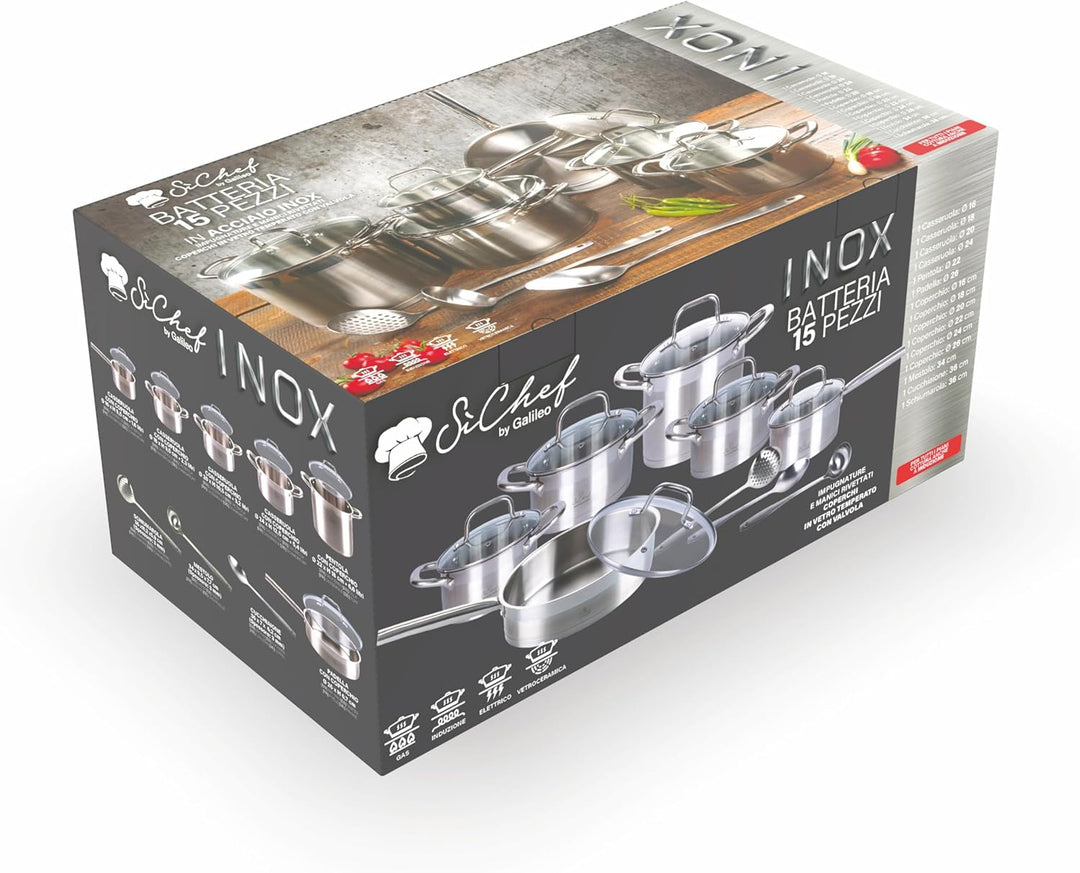 GALILEO SìChef Topfset, 15-teilig, Edelstahl 18/0, Induktion, Edelstahl