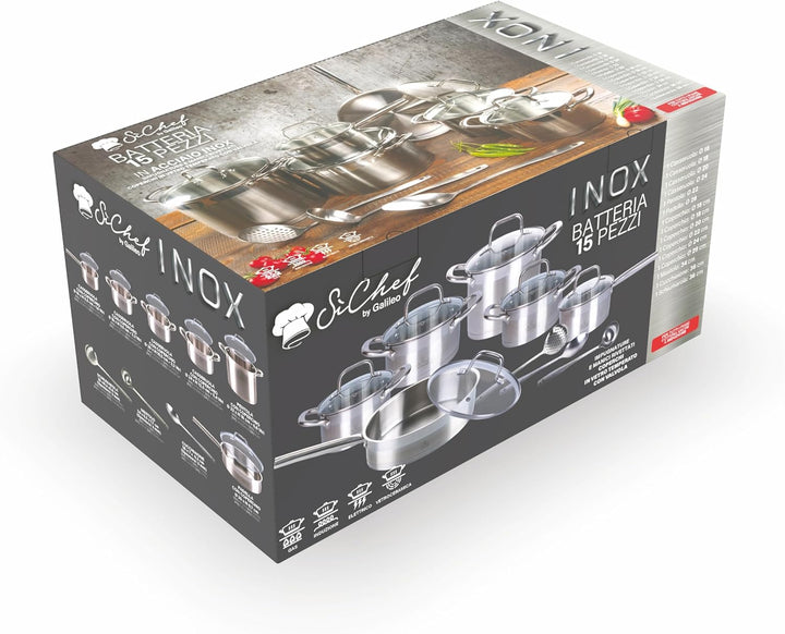 GALILEO SìChef Topfset, 15-teilig, Edelstahl 18/0, Induktion, Edelstahl