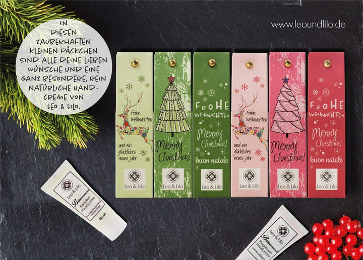 Leo & Lilo Handcreme Geschenkset Kleiner Weihnachtsgruss - 6 einzeln verpackte Naturkosmetik zertifi