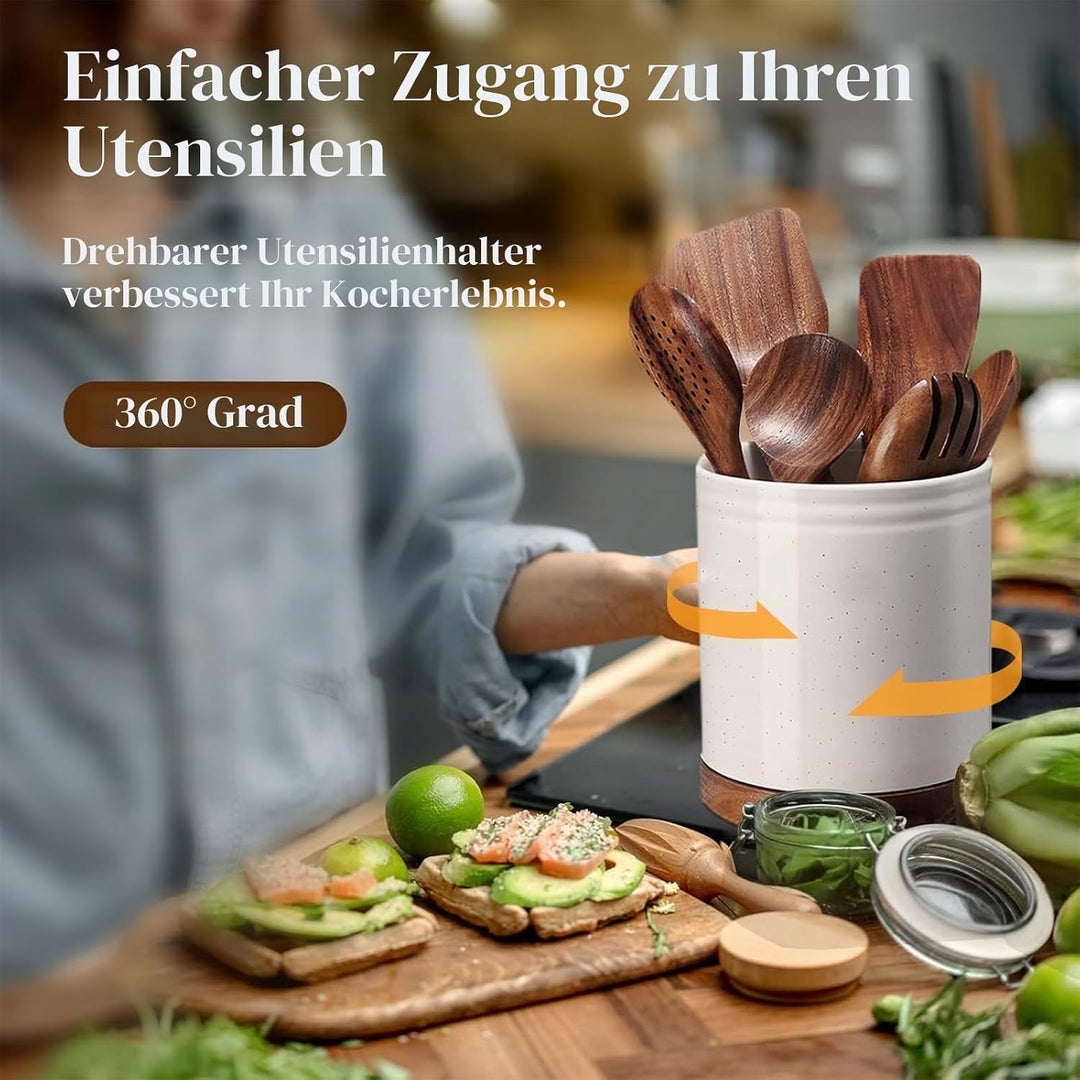 DOWAN Utensilienhalter, 360° Drehbarer Grosser Kochutensilienhalter, Keramischer Utensilienhalter fü