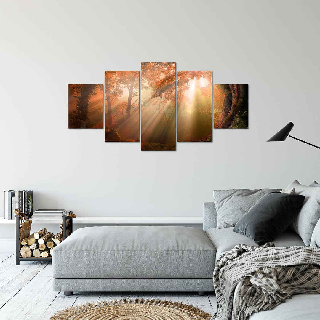 Runa Art Bild Schlafzimmer Wohnzimmer Wald Landschaft 5 Teilig Sonne Braun Wandbilder auf Vlies Lein
