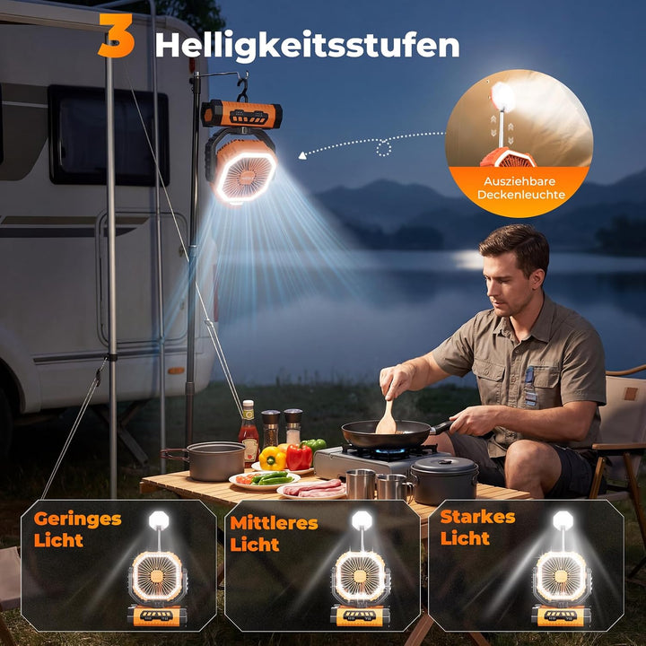 Outdoor Camping Ventilator mit Licht, 20000mAh Akku, wiederaufladbarer tragbarer Ventilator mit Fern