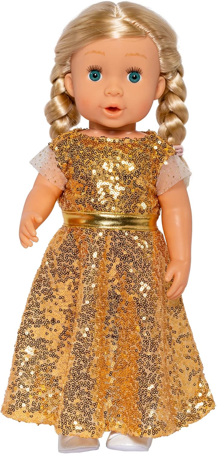 Heless 2330 - Puppenkleidung im Design Goldstar, Kleid mit goldenen Pailletten und Gürtel für Puppen