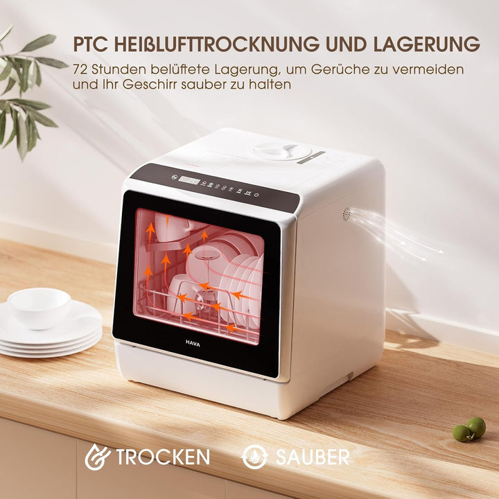 HAVA Tragbarer Mini Geschirrspüler, kompakter Spülmaschine, 6 Programme Mini Tischgeschirrspüler, 5