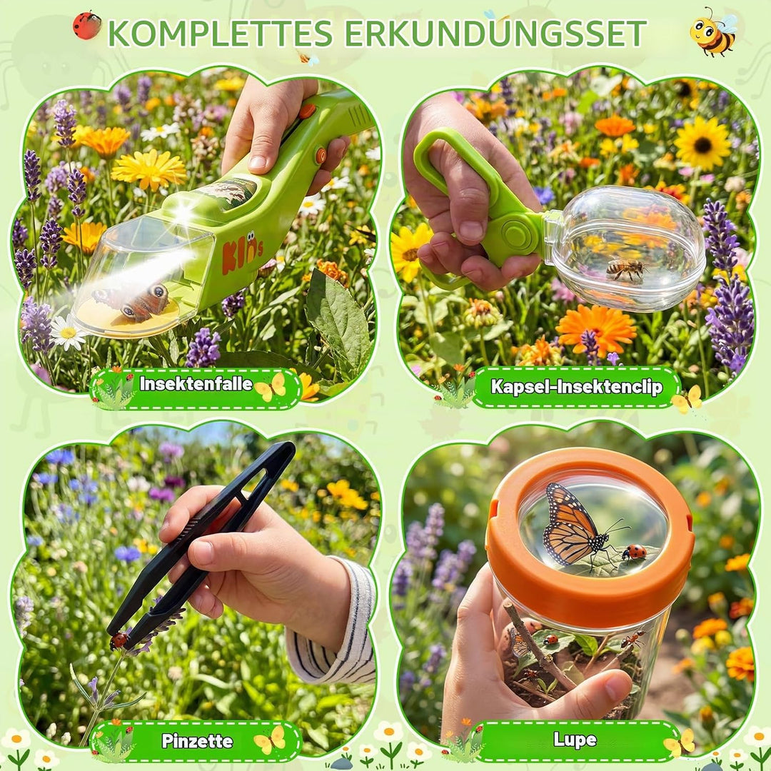 deAO Kinder Insektenfänger Set mit LED-Licht, Outdoor Abenteuerset mit Insektenhabitat Tunnel, Beche
