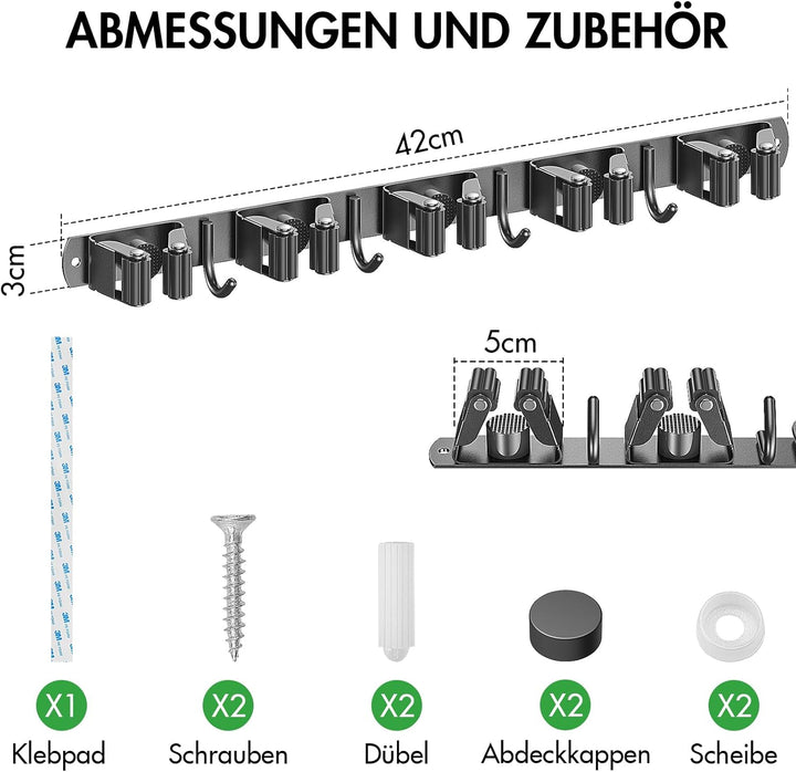 Radikor Besenhalterung Wand, Selbstklebender Besenhalter mit 5 Halter und 4 Haken, Edelstahl Geräteh