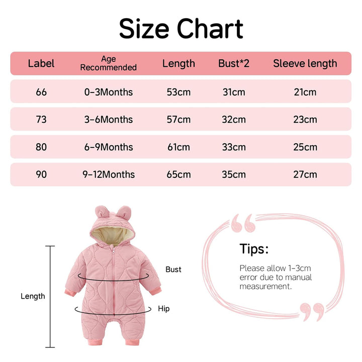 Minizone Baby Winter Overall mit Kapuze, Strampler Schneeanzug Jungen Mädchen Langarm Jumpsuit Warm