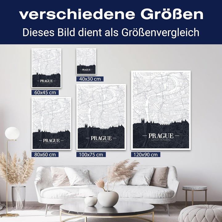 wandmotiv24 Stadt Karte als Leinwandbild, 60x45cm, Hochformat, Prag, Tschechien, Silhouette, Stadtpl