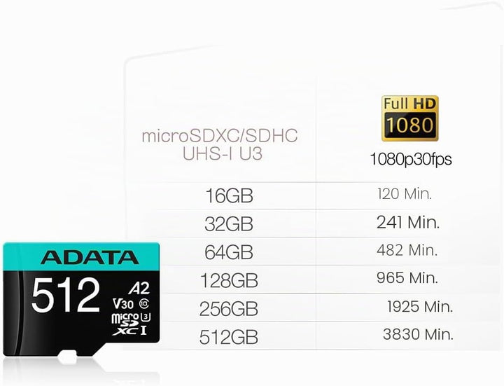ADATA Premier Pro 512GB microSDXC/SDHC UHS-I U3 Class 10(V30S) Speicherkarte, schwarz 100/80 MB/s 51