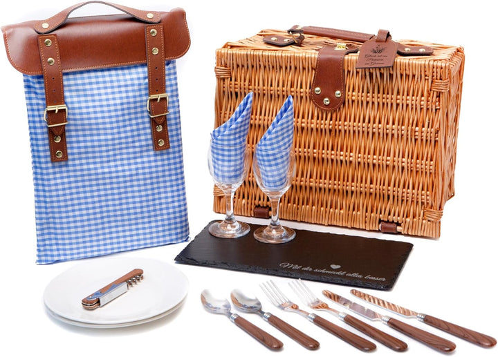 Picknickkorb für 2 Personen, Weidenkorb mit isoliertem Kühlfach, Picknickdecke, Schieferbrett, Tasch