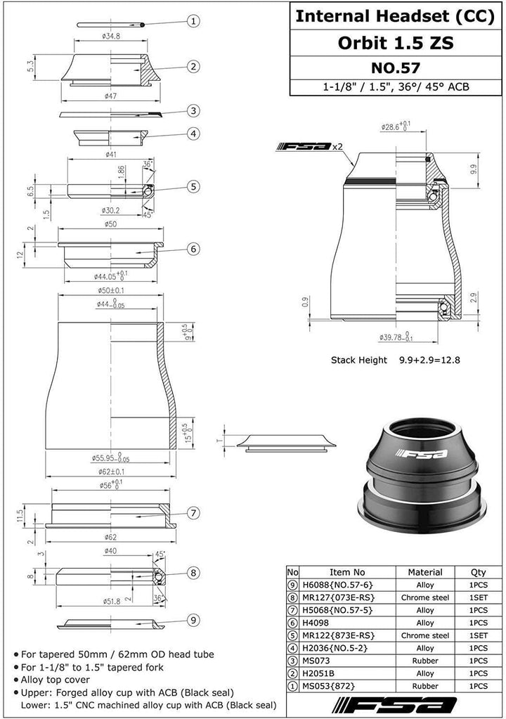 FSA Nr. 57 Orbit 1,5 ZS 1-1/8 Zoll bis 1,5 Zoll abgedichtetes Lager Kegelkopfset, XTE1530