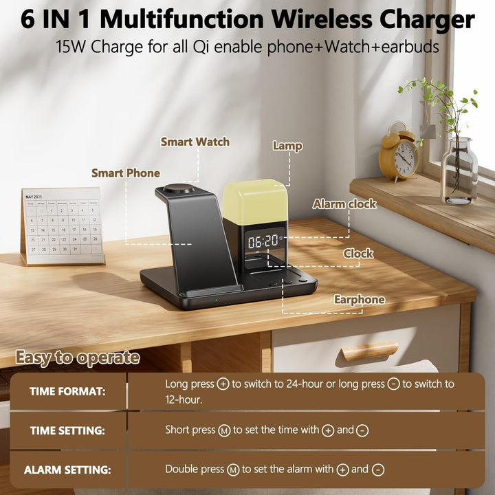 6 in 1 Induktive Ladestation,15W Wireless Charger mit Wecker und Nachtlicht, Kabelloses Ladegerät ko