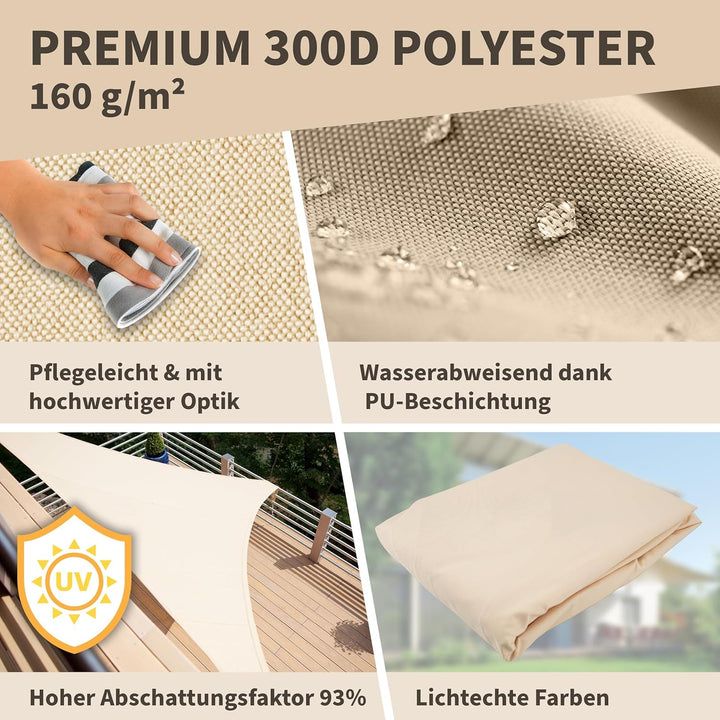 TTL GARDEN 3x3x4,25m Sonnensegel Dreieck rechtwinklig Sand-beige - Premium Polyester 300D 160g/m² 93