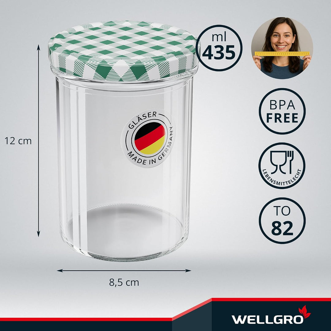 WELLGRO 12x Einmachgläser mit Schraubdeckel - 435 ml, 8,5 x 12 cm (ØxH), Glas/Metall, grün karierte