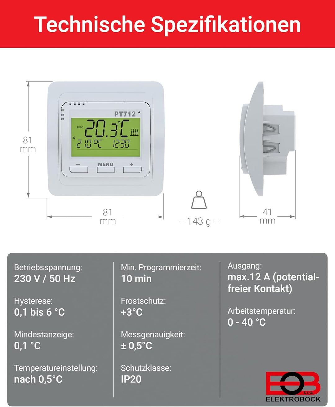 Elektrobock Digitaler Raumthermostat für Fussbodenheizung, PT712, 80 x 80 x 40 mm