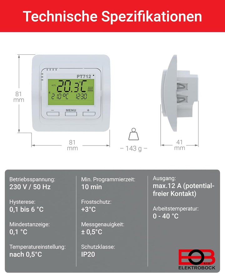Elektrobock Digitaler Raumthermostat für Fussbodenheizung, PT712, 80 x 80 x 40 mm