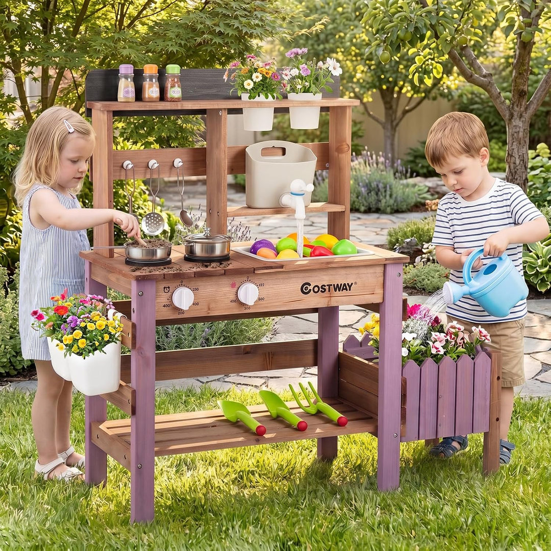 COSTWAY Matschküche Kinder Outdoor, Spielküche mit Wassertank &amp; Wasserhahn | Kinderküche mit Pflanzk