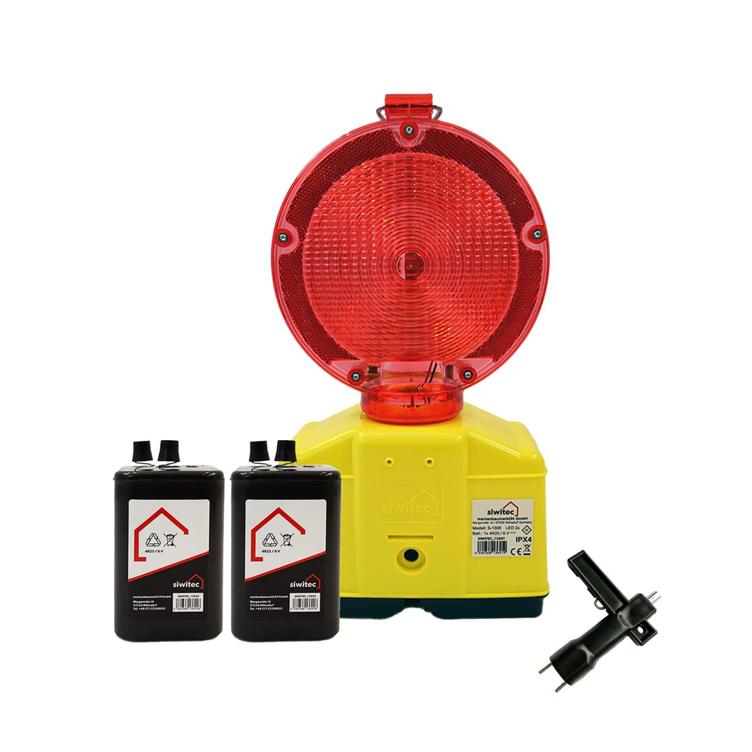 1 x siwitec LED Baustellenleuchte rot/transparent inkl. 2 x Blockbatterien Typ 4R25 6V 7Ah, LED Warn
