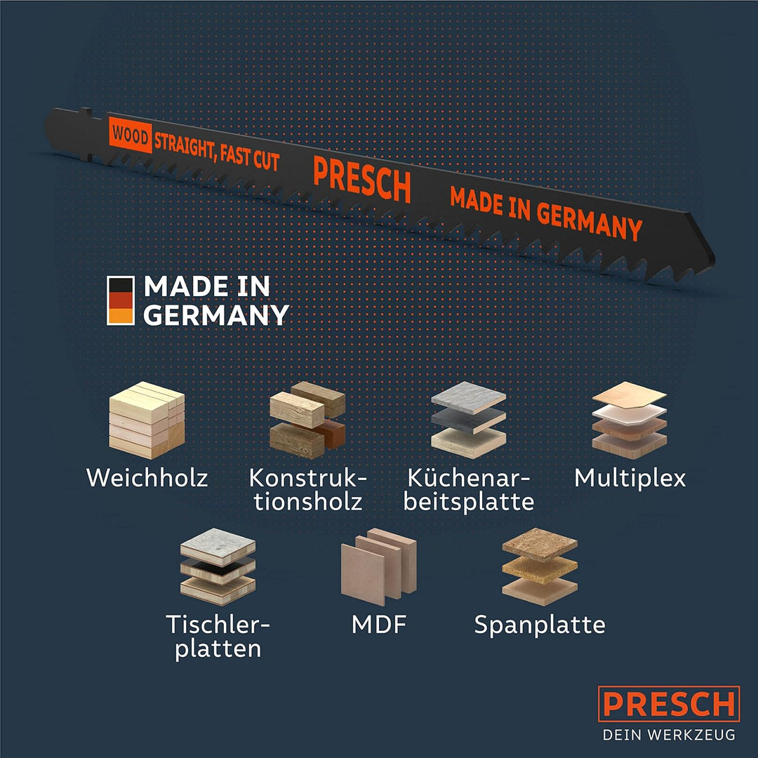 Presch Stichsägeblätter Holz 10 Stk. (Sehr Lang) - Extrem schneller, gerader Schnitt (5-120mm) - Pro