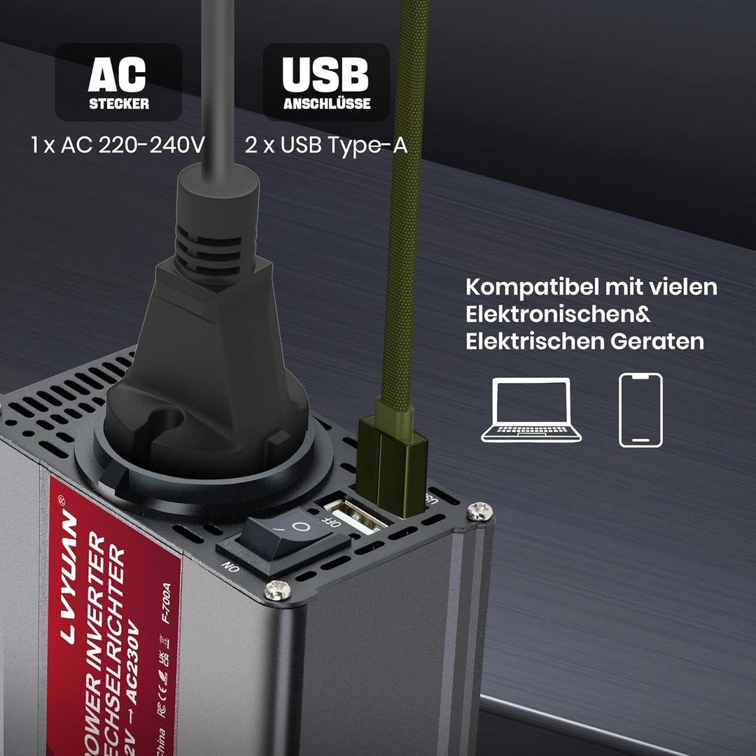 LVYUAN 500W Wechselrichter DC 12 V auf 230V AC Spannungswandler Auto Konverter 12 V mit Dual USB Por