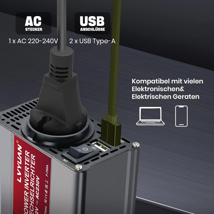 LVYUAN 500W Wechselrichter DC 12 V auf 230V AC Spannungswandler Auto Konverter 12 V mit Dual USB Por