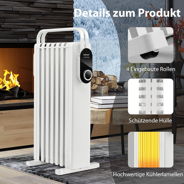 COSTWAY 1500W Ölradiator 7 Rippen Heizkörper 5-35℃, elektrische Heizung 3 Heizstufen mobil mit Räder