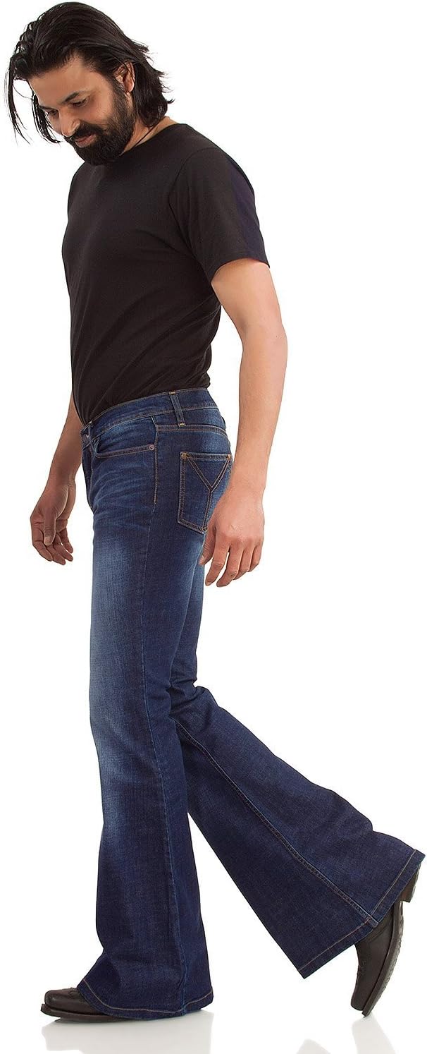 Comycom 70er Herren Blue Jeans dunkelblau Used - Jeans-Schlaghose für Männer, dunkle Vintage Bootcut
