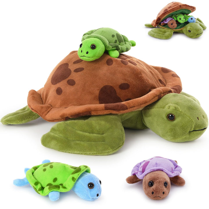 MorisMos 32cm Plüsch Kuscheltier Schildkröte mit 3 Baby im Panzer, 4 Stücke Süss Kuschelig Schildkrö