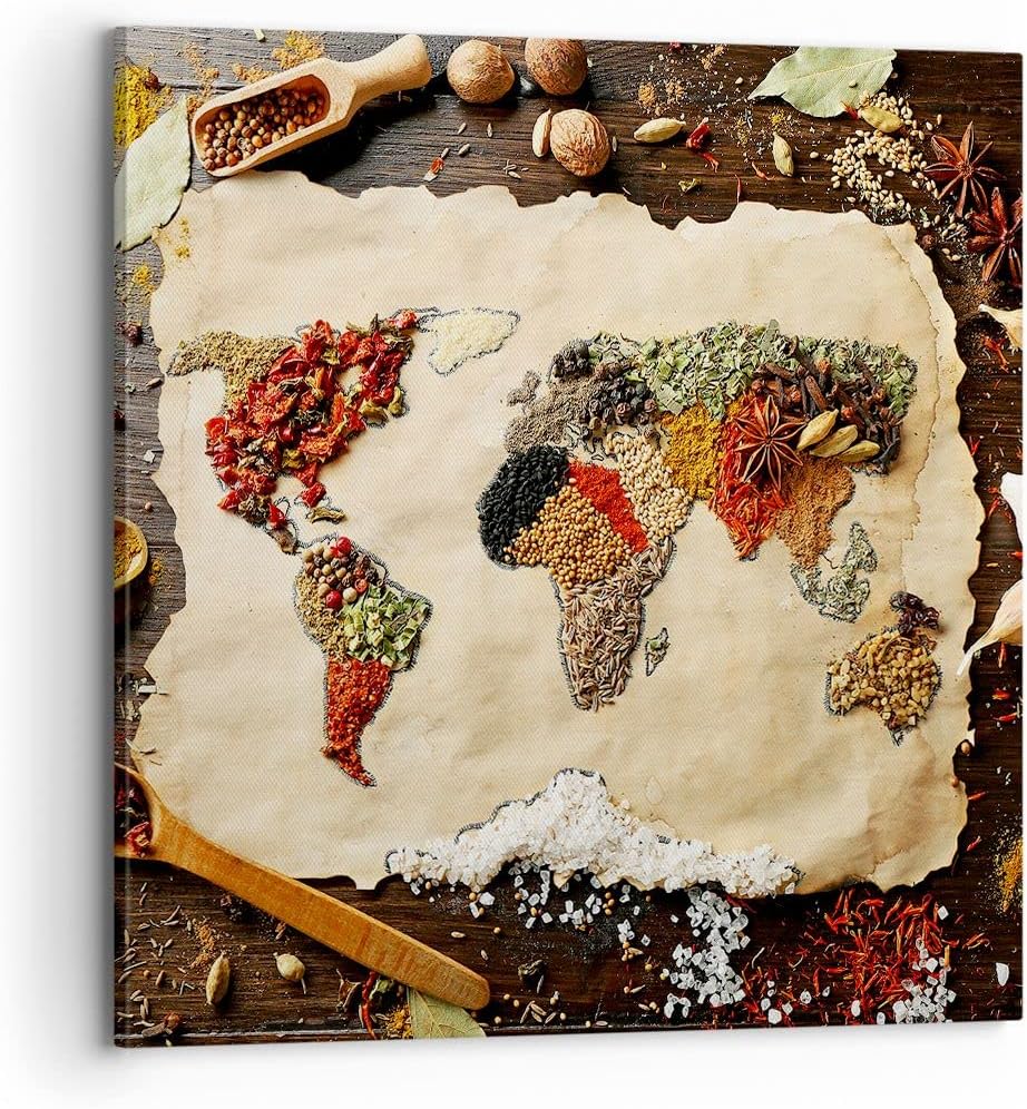 Bilder auf Leinwand 70x70cm Leinwandbild Welt Karte Gewürze Farben Gross Wanddeko Bild Schlafzimmer