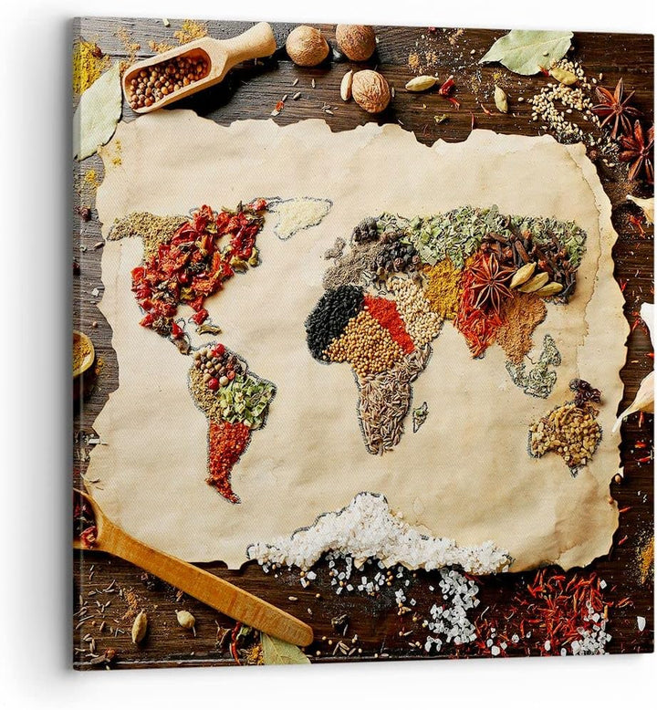 Bilder auf Leinwand 70x70cm Leinwandbild Welt Karte Gewürze Farben Gross Wanddeko Bild Schlafzimmer