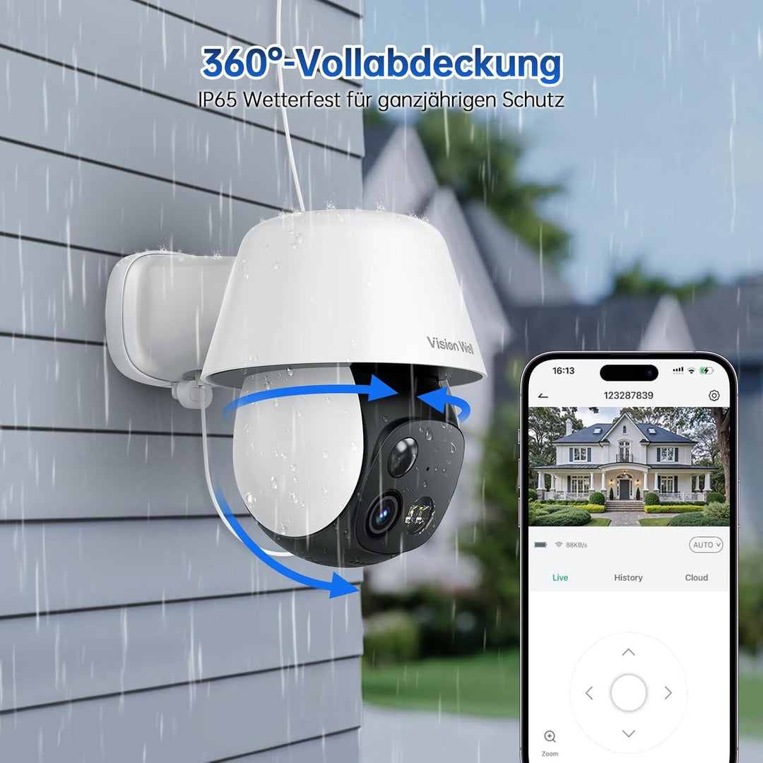 VISION WELL Solar Überwachungskamera Aussen, 2K 360° PTZ WLAN IP Kamera Kabellos, PIR Personenerkenn