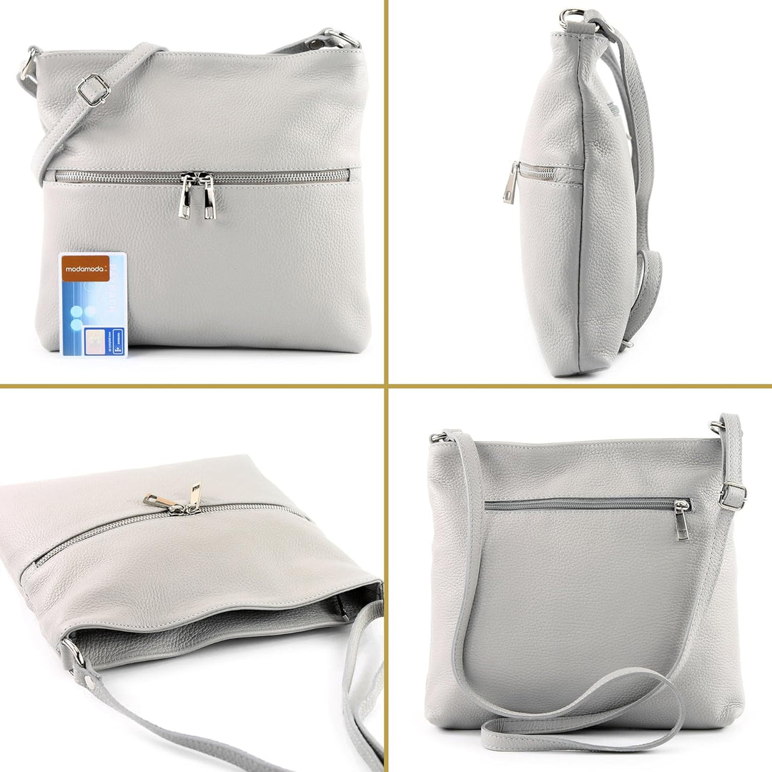 modamoda de - T144 - ital Umhängetasche Schultertasche aus Leder Cremebeige, Cremebeige