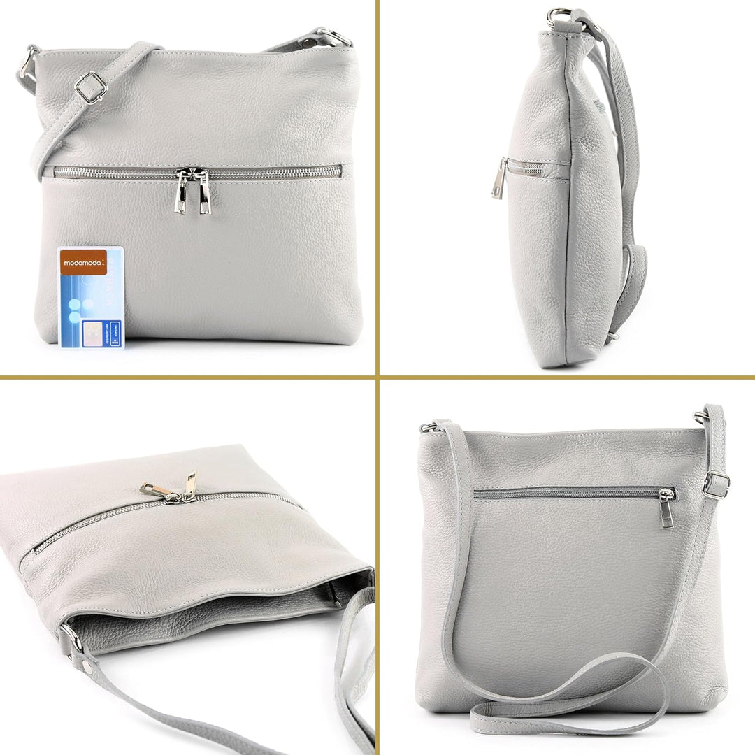 modamoda de - T144 - ital Umhängetasche Schultertasche aus Leder Armeegrün2021, Armeegrün2021