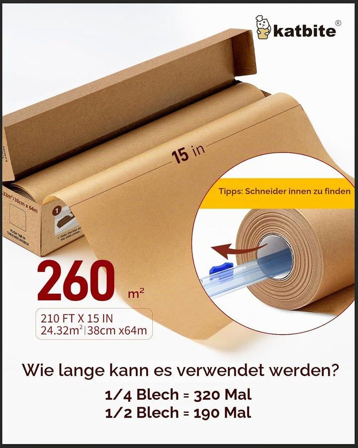 Katbite Ungebleichtes Pergamentpapier zum Backen, 38,1 cm x 64 m, 260 m², robustes Backpapier mit Gl