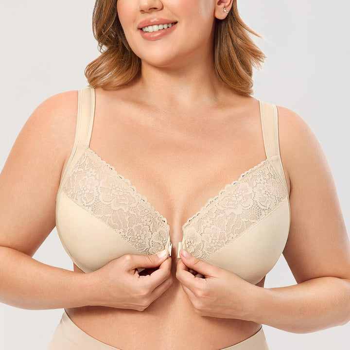 DELIMIRA Damen Vorderverschluss BH mit Bügel BHS Grosse Brüste Starker Halt Soft Spitzen U-Rücken Un