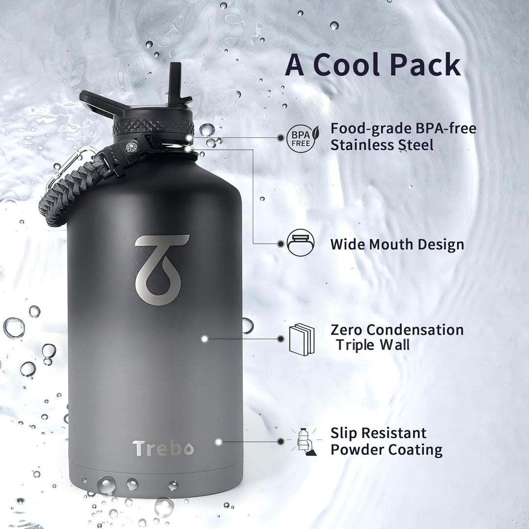 Trebo Ein Gallon Wasserflasche isoliert mit Paracord-Griff, 3.6 l Edelstahl, grosser Sportkrug in Le
