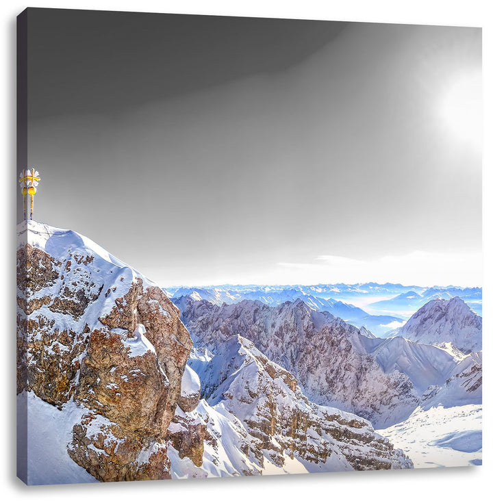 Pixxprint Zugspitze im Sonnenlicht Schwarz/Weiss, Format: 70x70 auf Leinwand, 70x70