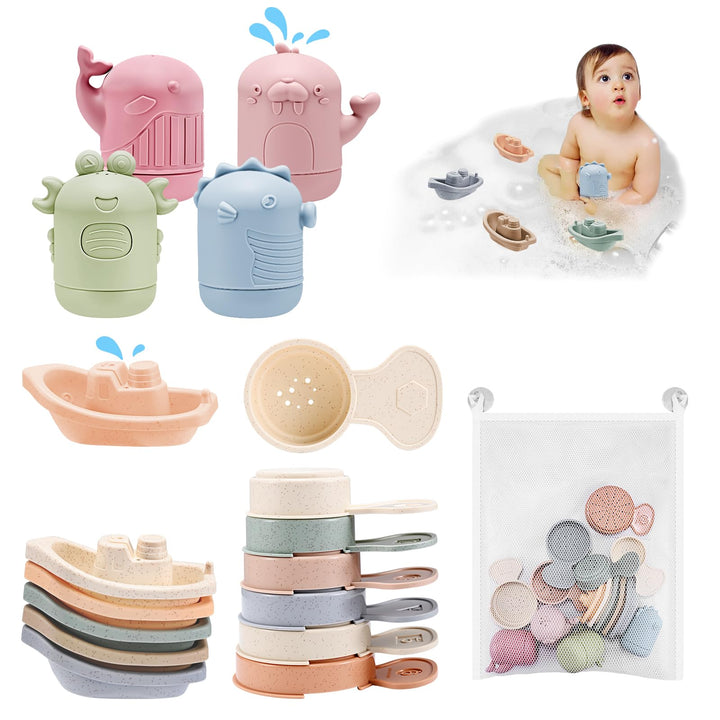 16 Stück Badewannenspielzeug,Baby Badespielzeug mit Spritztiere Boote Badelöffeln,Baby Silikon Wasse