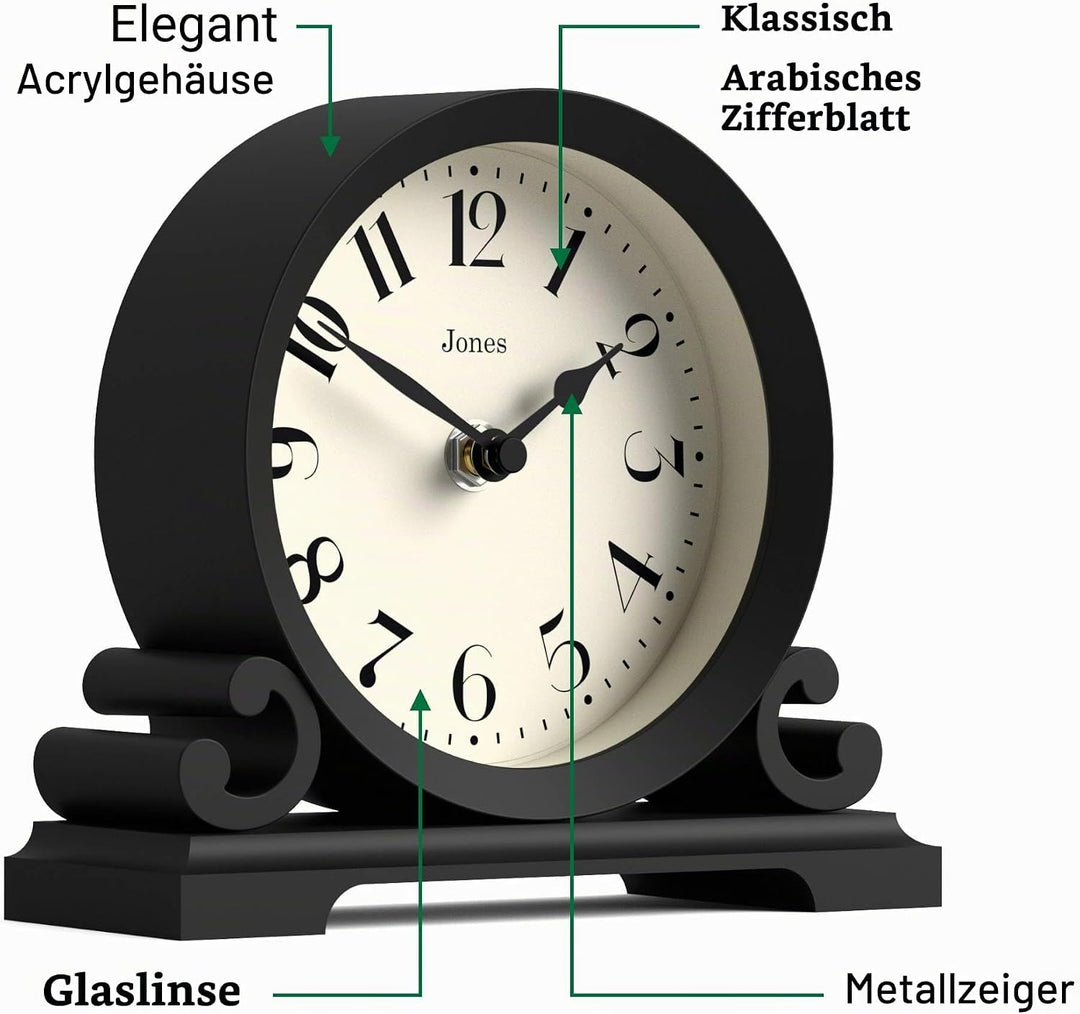JONES CLOCKS® Saloon Tischuhr I Traditionelles DoppelIscrollIDesign I Schwarz I Zeitgenössischer kla