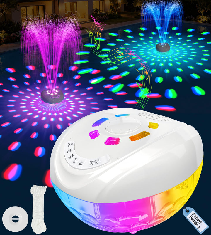 Luxfero 3 in 1 Pool Lautsprecher mit Springbrunnen & Pool Licht,Schwimmender Bluetooth Lautsprecher