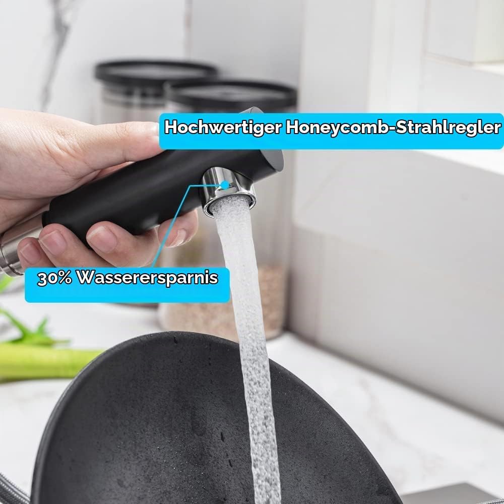 ONECE Wasserhahn Küche Schwarz mit ausziehbar, Spültischarmatur aus Edelstahl SUS304, Küchenarmatur