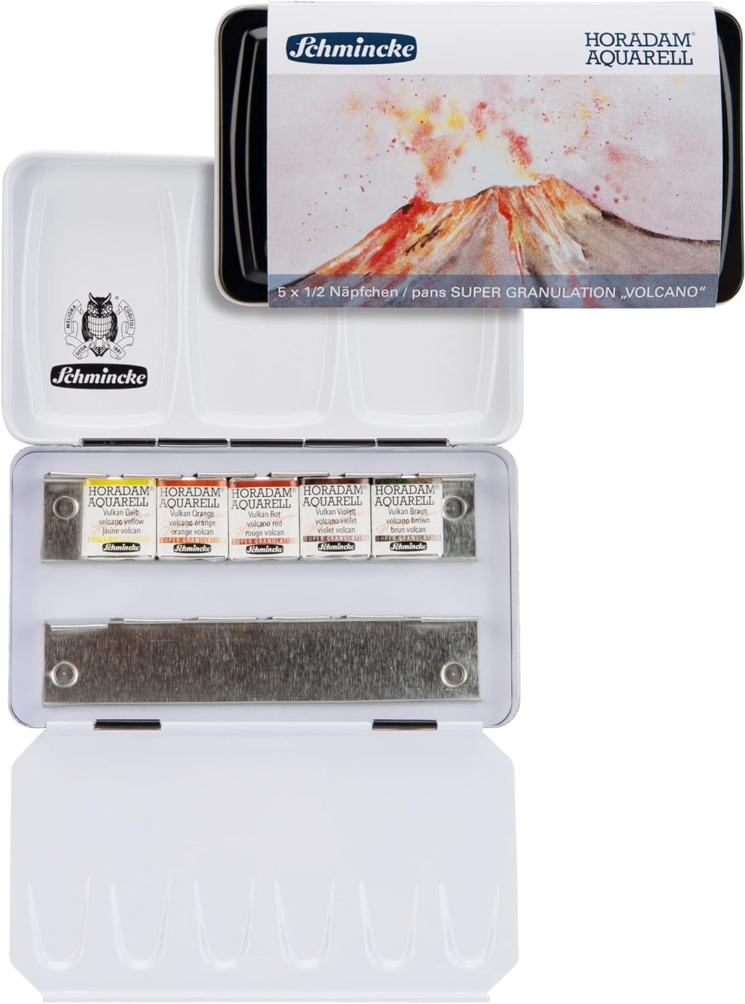 Schmincke – HORADAM® AQUARELL, Super Granulation Set Vulkan, 5 x 1/2 Näpfchen, 74 608 097, Metallkas
