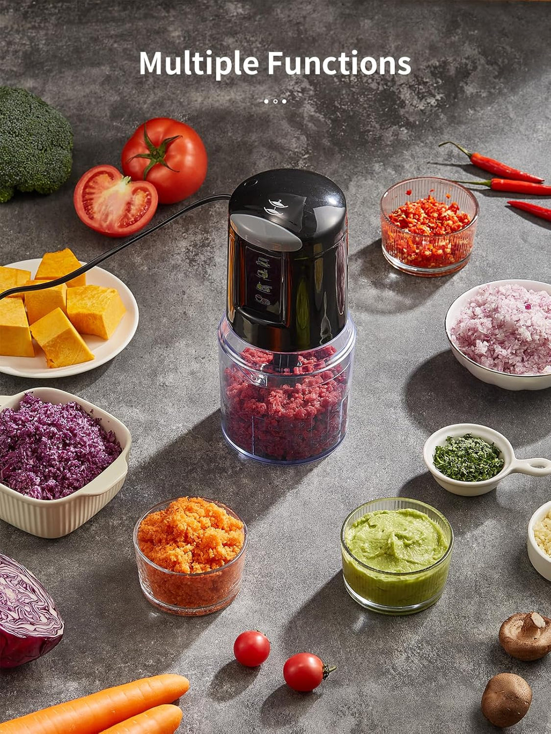 Mini Zerkleinerer Elektrisch 500ml, 300W Küchenmaschine mit 4 Edelstahlklingen & 2 Geschwindigkeiten
