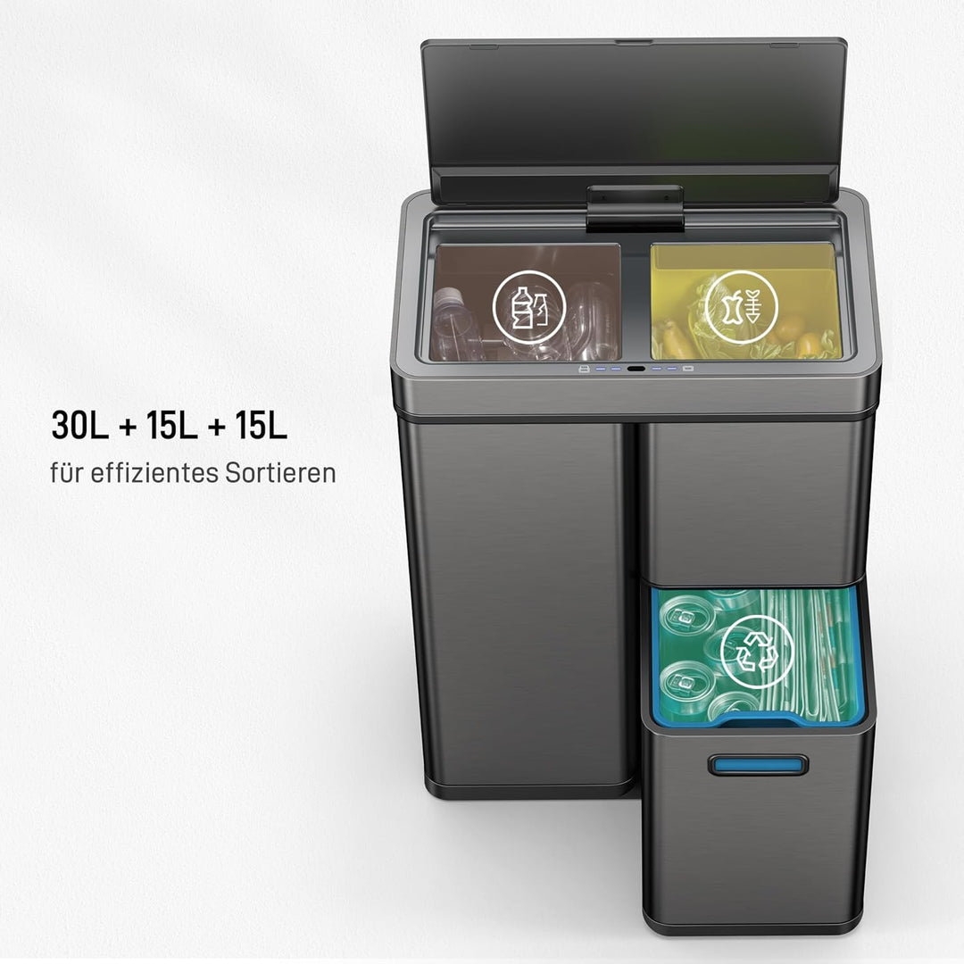 EKO Mirage Plus Mülltrennsystem mit 3 Fächer, 2 x 15 L und 30 L, Recycler Mülleimer mit Sensor, 3 Ku
