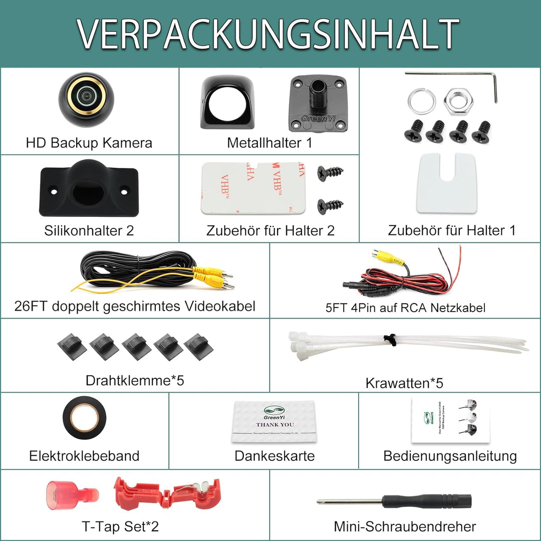 HD Rückfahrkamera, GreenAuto AHD 720P Rückfahrkamera für Auto, SUV, Wohnmobil, Anhänger, Wohnwagen,