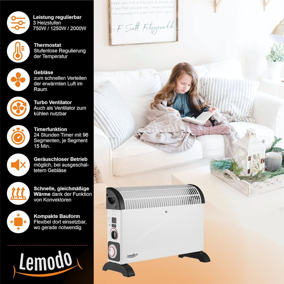 LEMODO Elektroheizung | Mobile Konvektor Heizung | Elektrische Heizung mit 3 Leistungsstufen (750W /