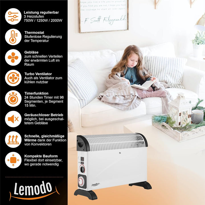 LEMODO Elektroheizung | Mobile Konvektor Heizung | Elektrische Heizung mit 3 Leistungsstufen (750W /